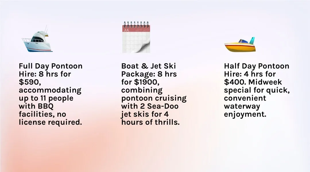 Infographic detailing the inclusions and benefits of GC Jet Ski's Full Day Pontoon Hire, Half Day Pontoon Hire, and Boat & Jet Ski Package, highlighting BBQ facilities, BYOB policy, capacity, and the option to add jet skis - Jet Ski Rental Gold Coast infographic 3_facts_emoji_light-gradient Infographic detailing the inclusions and benefits of GC Jet Ski's Full Day Pontoon Hire, Half Day Pontoon Hire, and Boat & Jet Ski Package, highlighting BBQ facilities, BYOB policy, capacity, and the option to add jet skis - Jet Ski Rental Gold Coast infographic 3_facts_emoji_light-gradient