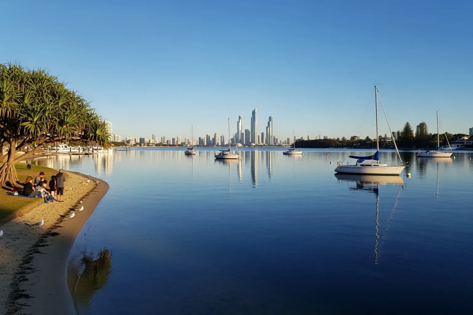 The Gold Coast Broadwater during a clear winter afternoon, showcasing the calm waters and clear skies - Sunset BBQ cruise