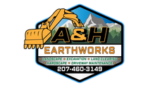A&H Earthworks logo with excavator, mountains, and phone number 207-460-3149