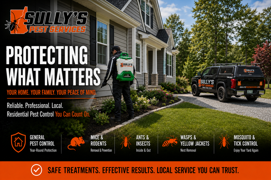 Sully’s Pest Services truck in sunlight, with company logo and phone number on the side