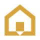 Gold geometric house icon with a square at the center and a downward-pointing triangle at the bottom.