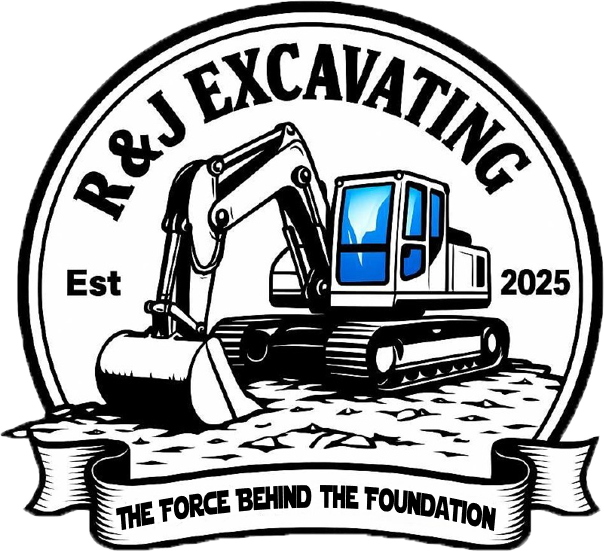 Logo for R&J Excavating, featuring an excavator on a dirt mound with the slogan, "The force behind the foundation."