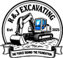 Logo for R&J Excavating, featuring an excavator on a dirt mound with the slogan, "The force behind the foundation."