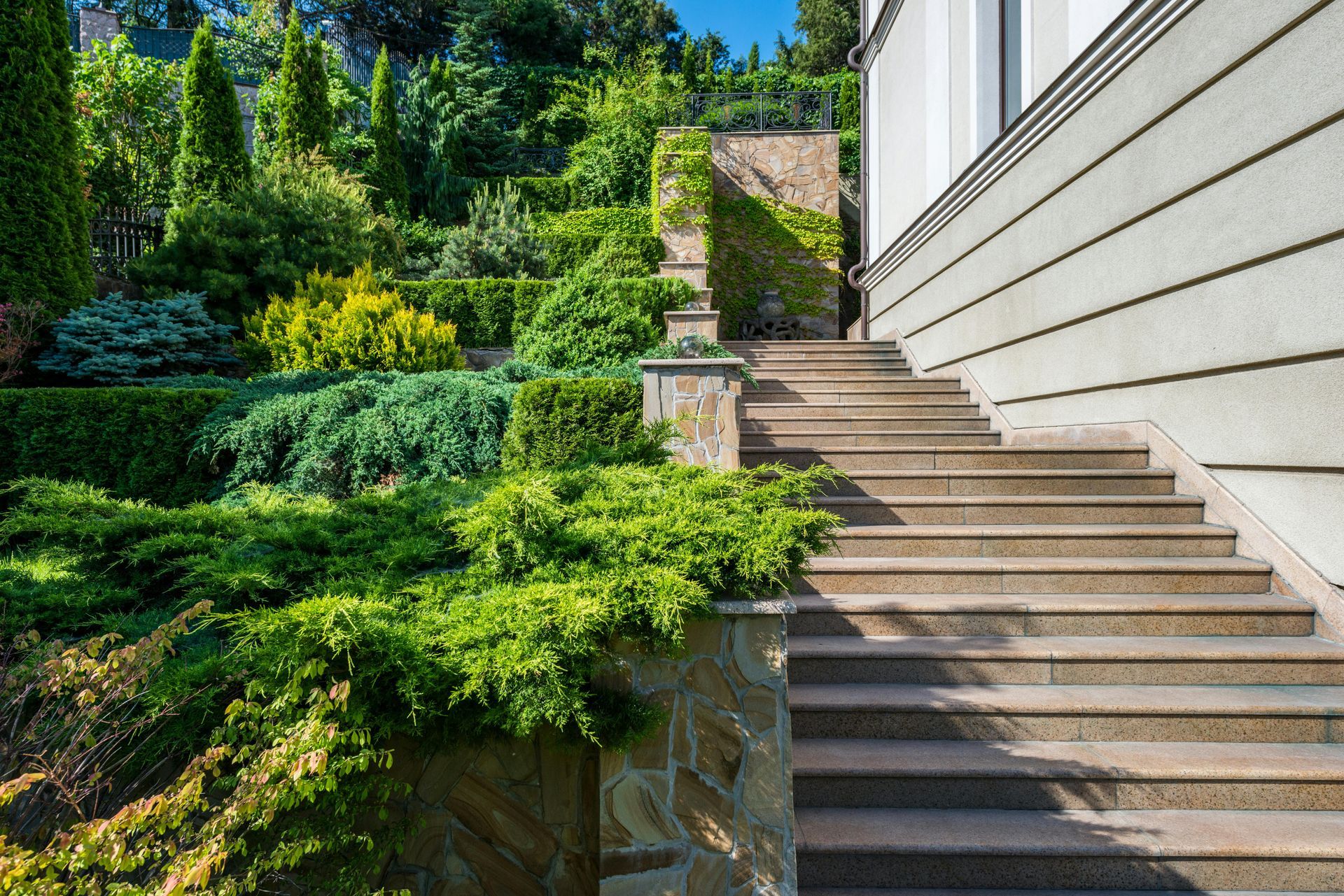 A set of stone stairs beside a modern building, surrounded by lush green shrubs and trees on a sunny day.