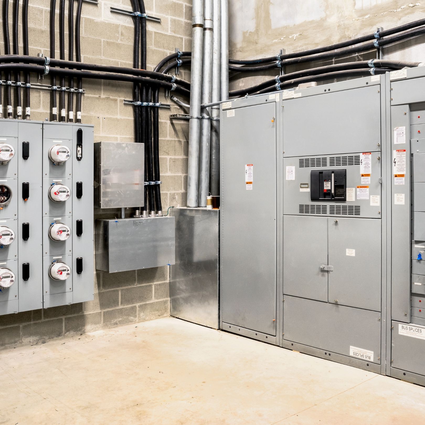 Electrical utility room with gray control panels, conduits, and circuit boxes against cinder block walls.