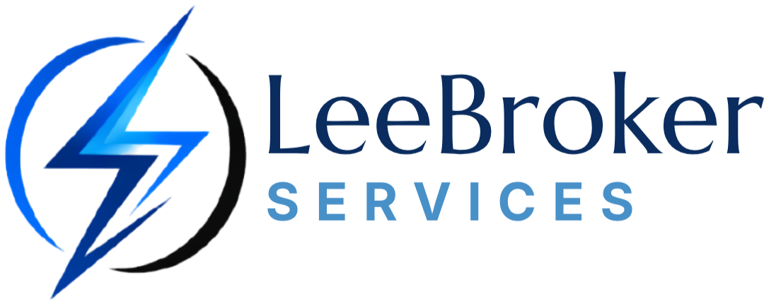 LeeBrokerServices logo with blue lightning bolt inside a black and blue circle