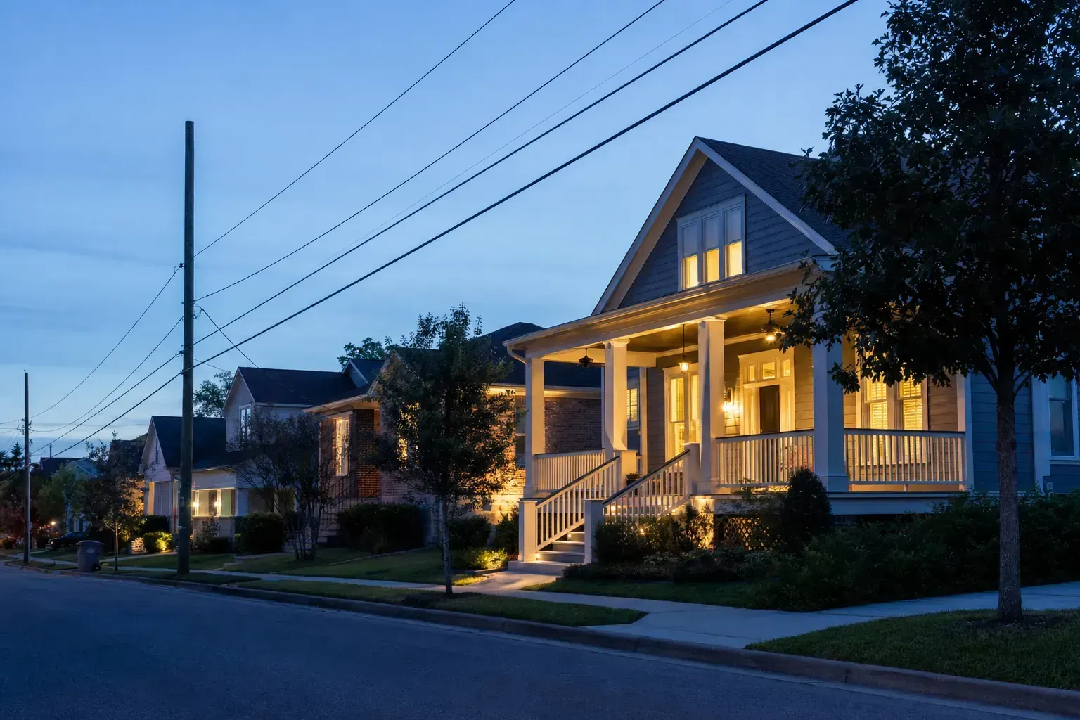 Quiet suburban street at dusk with lit houses, porch lights, and power lines