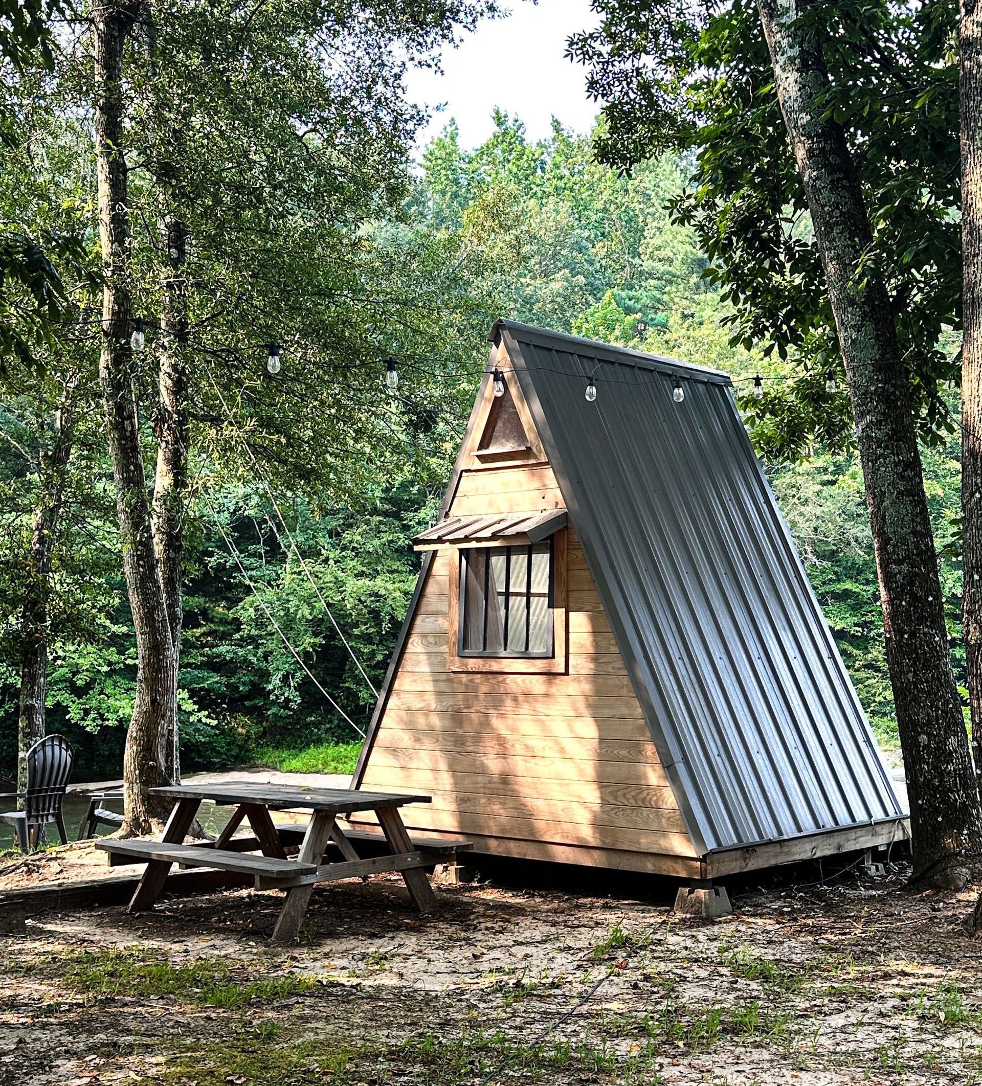 Glamping river pod A-frame Saluda Outdoor River Company on the Saluda River in Greenville, SC