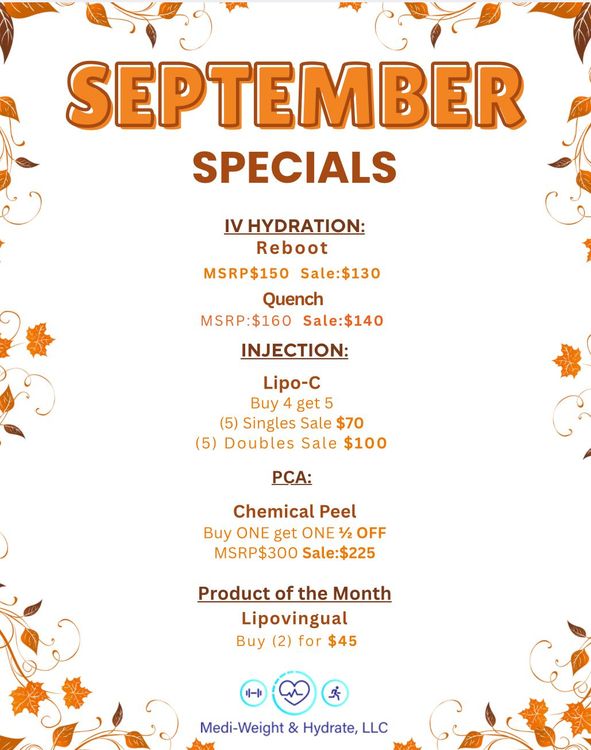 September specials flyer for HydraFacial, injection, chemical peel, and lipovax promotions with autumn leaves.
