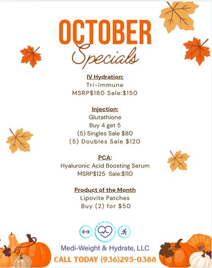 October specials flyer with white background, orange pumpkins, and listed wellness discounts.