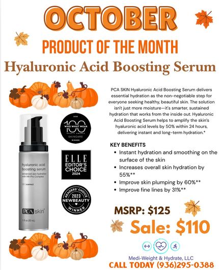 October product of the month: Hyaluronic Acid Boosting Serum sale flyer with pumpkins, bottle, and $125 MSRP/$110 sale price