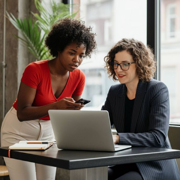 Two women looking at a laptop, one holding a phone. They are in a modern office with a window.