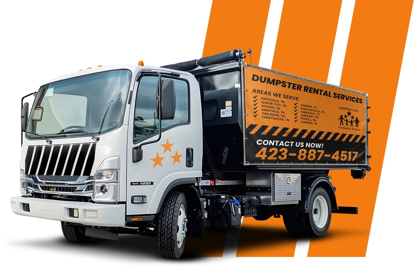 A dumpster truck is parked on a white background.