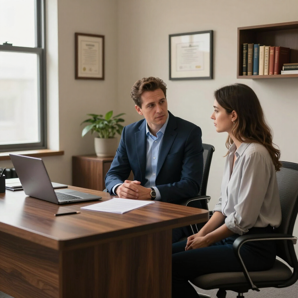 A man and a woman in business attire have a professional conversation across a wooden desk in a bright office.
