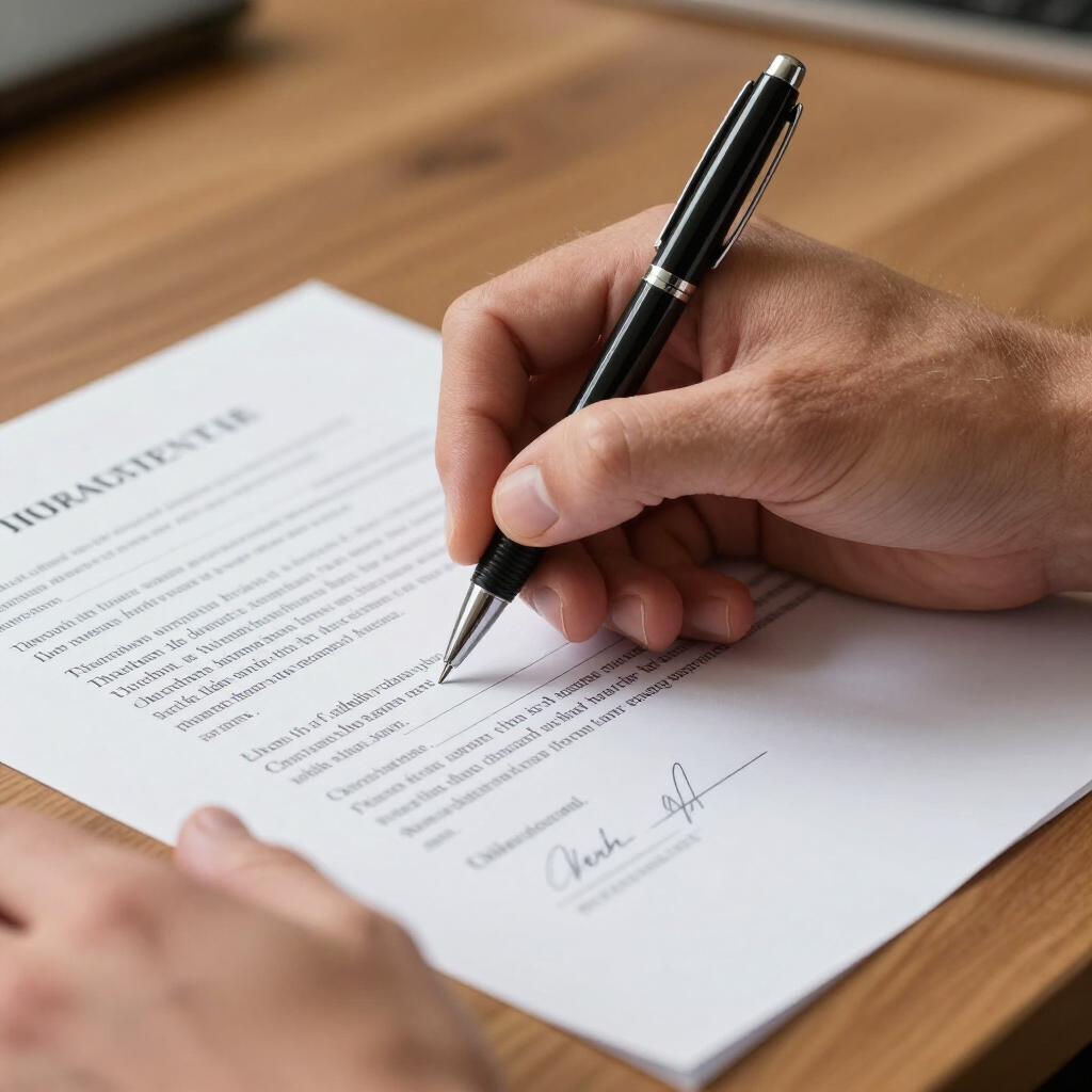 A hand signs a document on a wooden desk with a black pen.