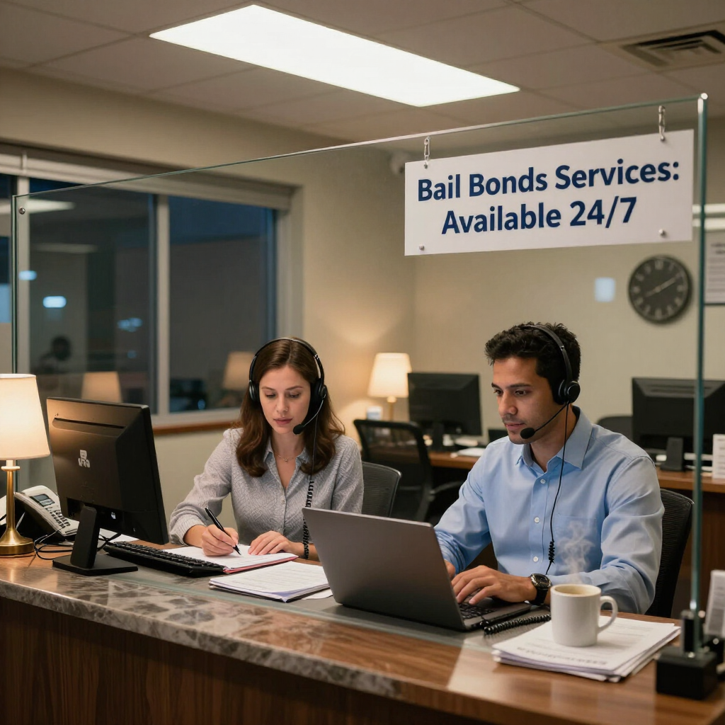 Two people sit at a desk behind a glass barrier labeled 