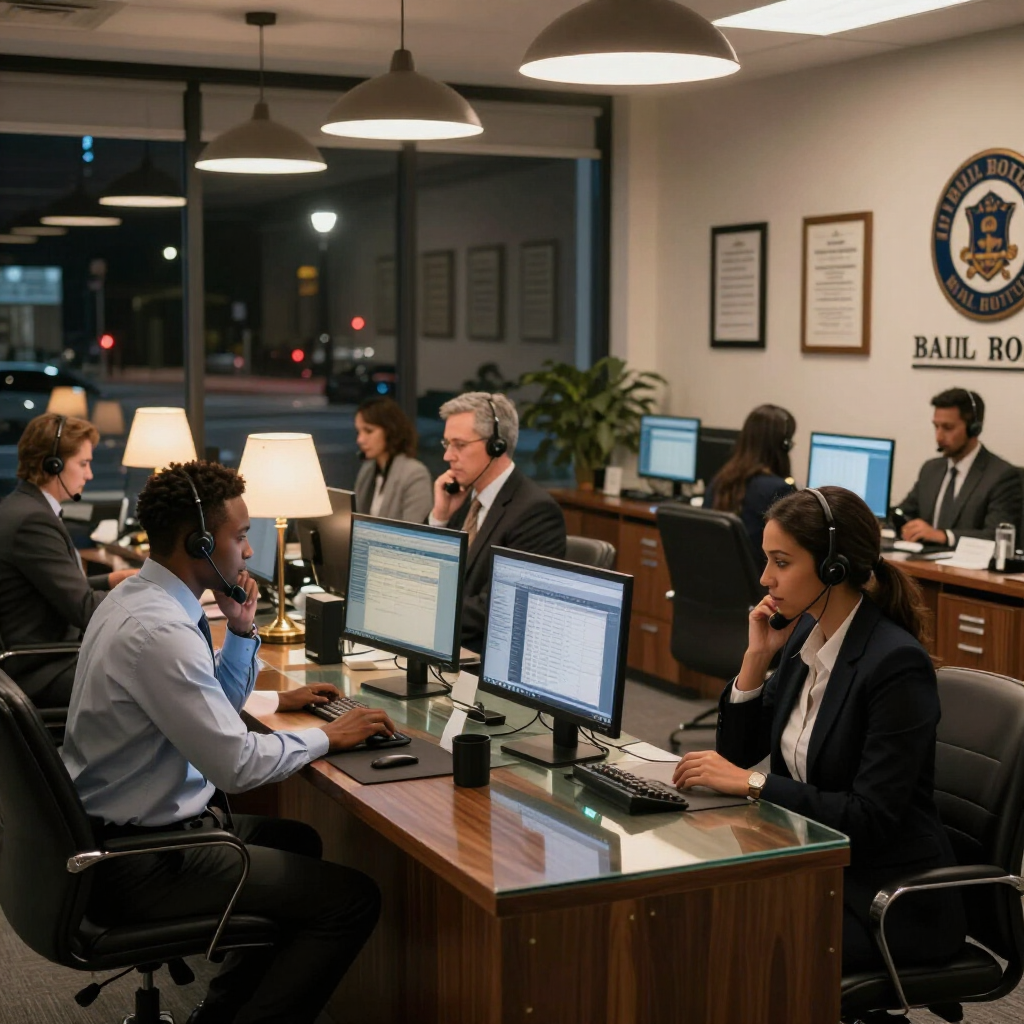 A professional office setting with employees at desks using computers and headsets, illuminated by hanging light fixtures.