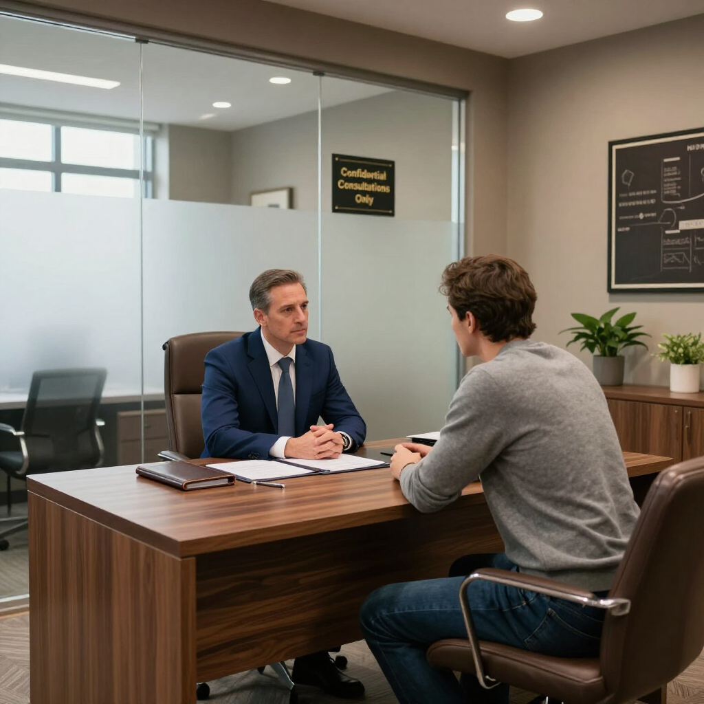 A person in a suit sits across from a person in a gray sweater at a wooden desk in a modern office.