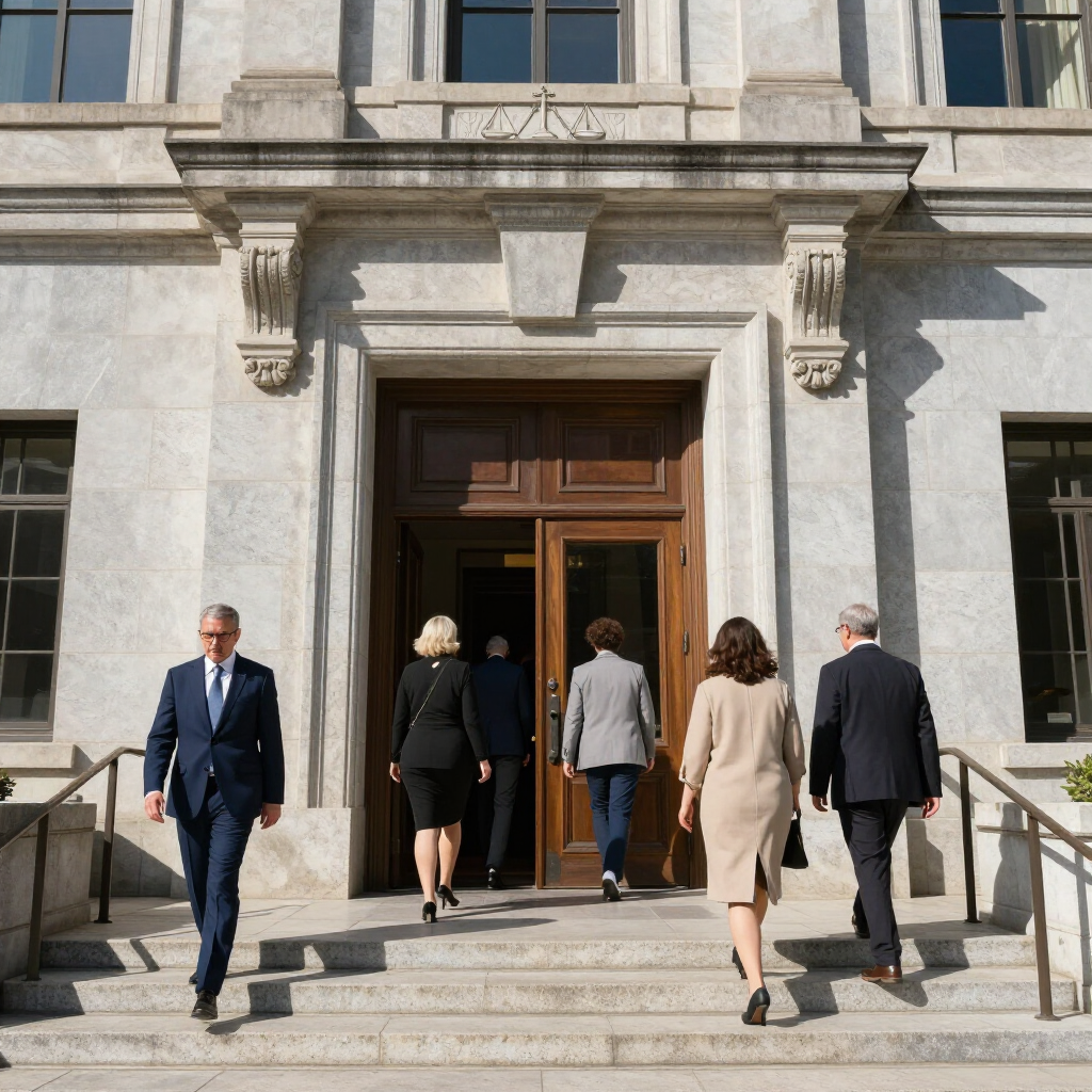 A group of professionals in business attire walks through the large wooden entrance of a formal, stone building.