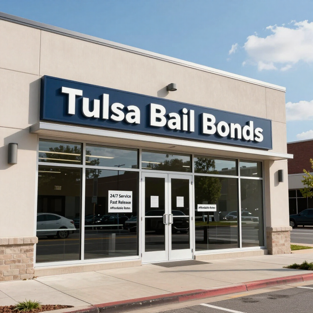 The storefront of Tulsa Bail Bonds, a tan building with large glass windows and a prominent dark blue sign.
