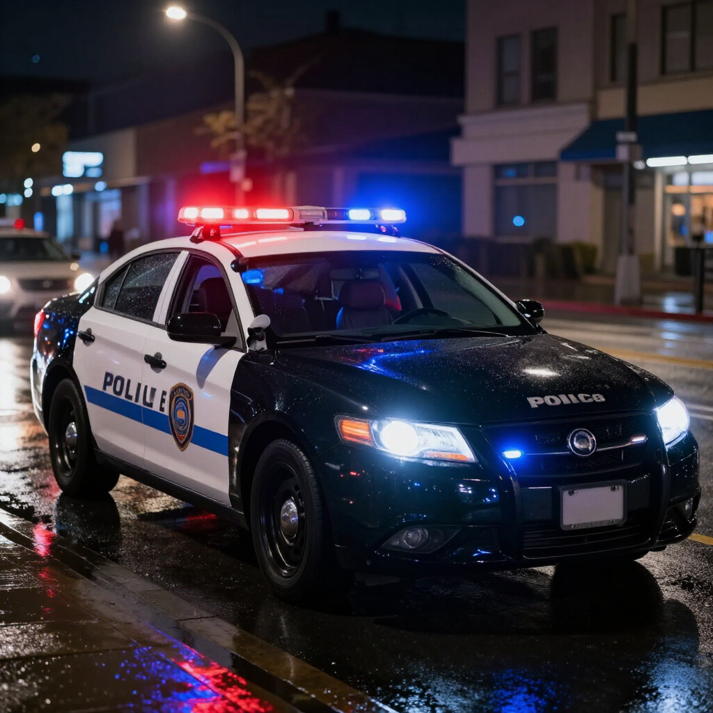 A black and white police cruiser with flashing red and blue lights parked on a wet city street at night.