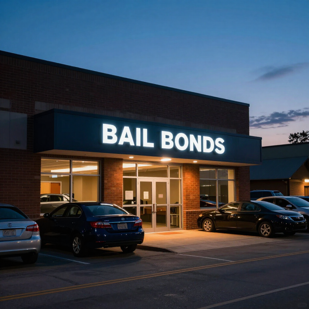 A brick building at dusk with a glowing, illuminated sign that reads 