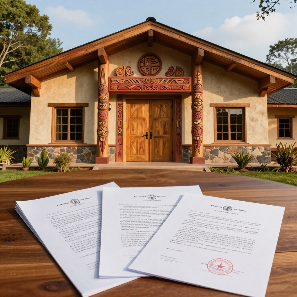 Three white papers with seals on a wooden table in front of a building with carved wooden columns and a tan facade.