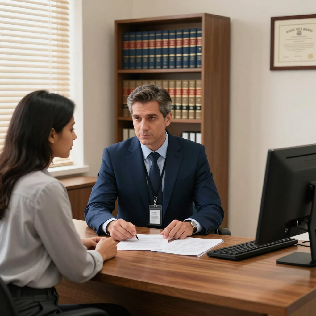 A professional in a suit reviews documents with a client at a desk in a law office with bookshelves in the background.