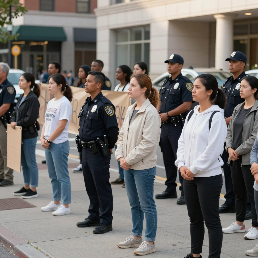 A line of individuals stands on a sidewalk, alternating between civilians and uniformed police officers.