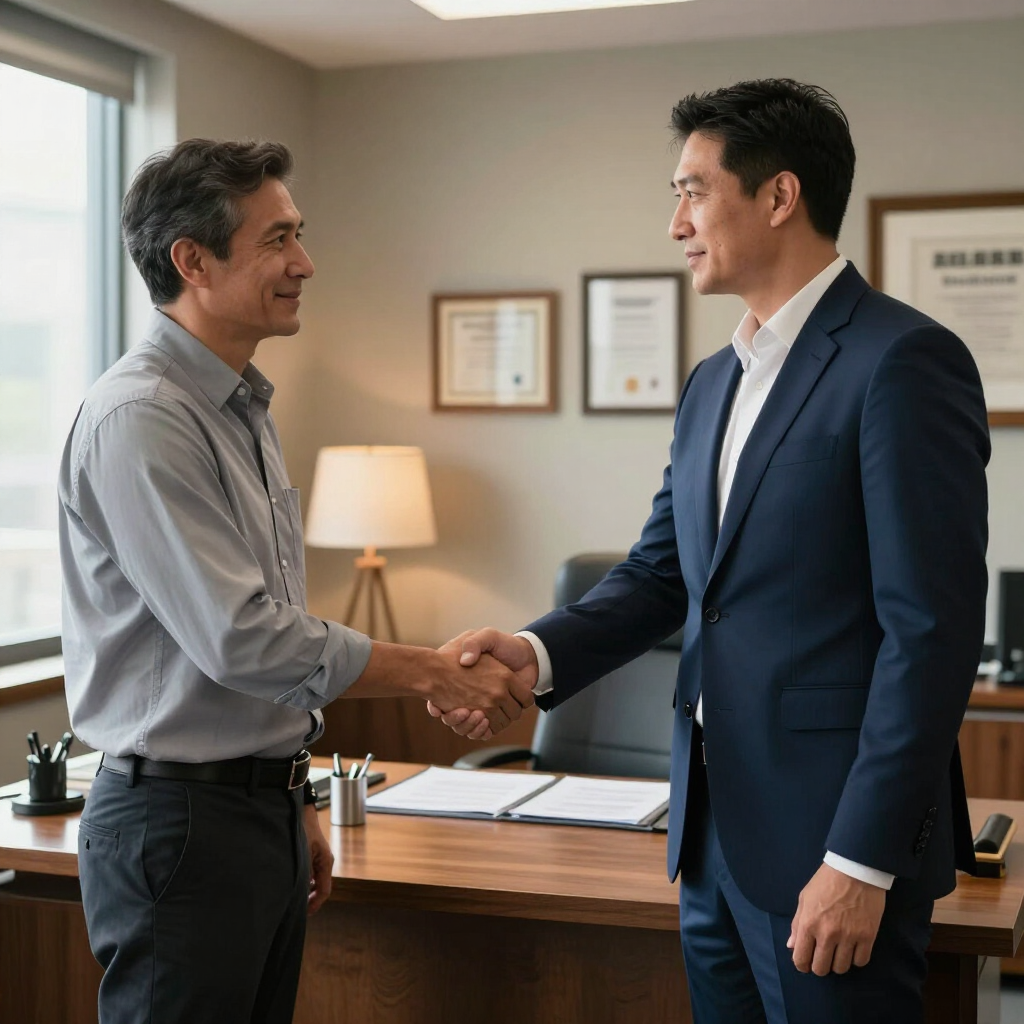Two professional men in an office shaking hands over a wooden desk with documents and a lamp.