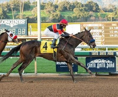 Two jockeys race dark horses on a dirt track near the finish line, one in yellow silks leading.