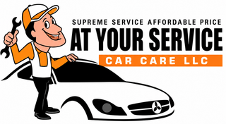 Cartoon mechanic with white sports car and logo text: “At Your Service Car Care LLC”