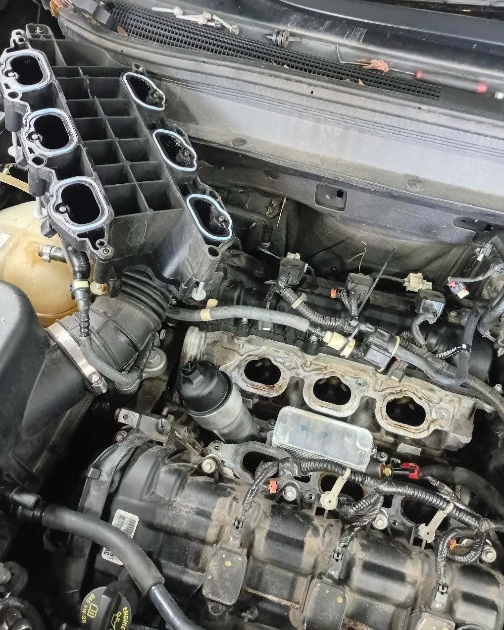 Car engine bay with intake manifold removed, exposing the cylinder head and engine components.