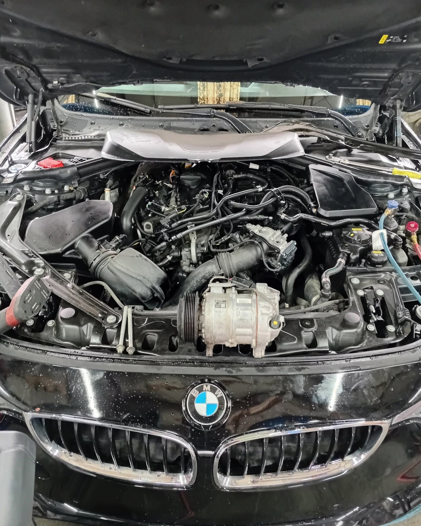 Damaged BMW engine bay with hood open and front grille visible, showing severe crash damage.