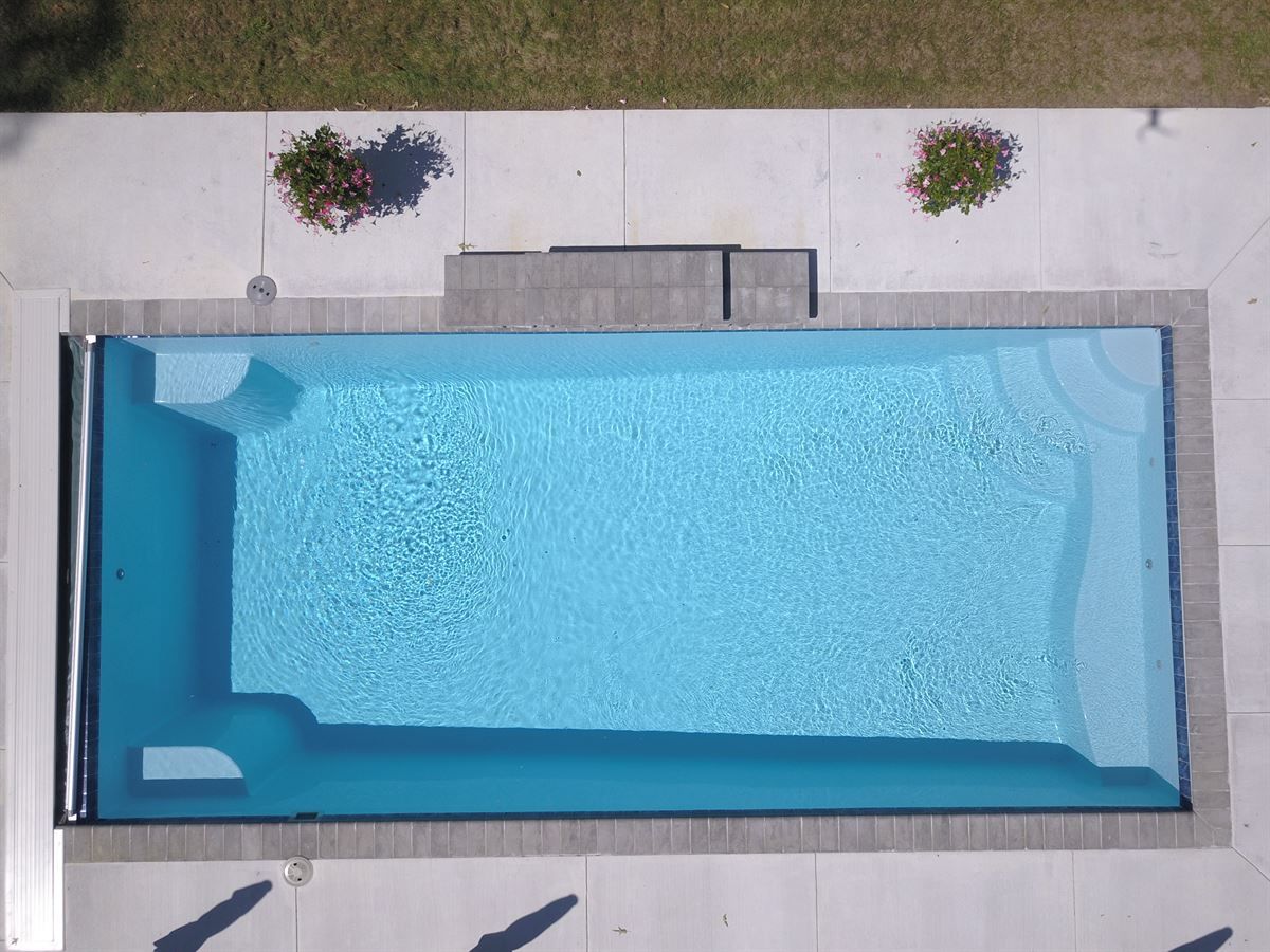 Overhead view of a rectangular blue swimming pool beside a light stone patio and two small plants.