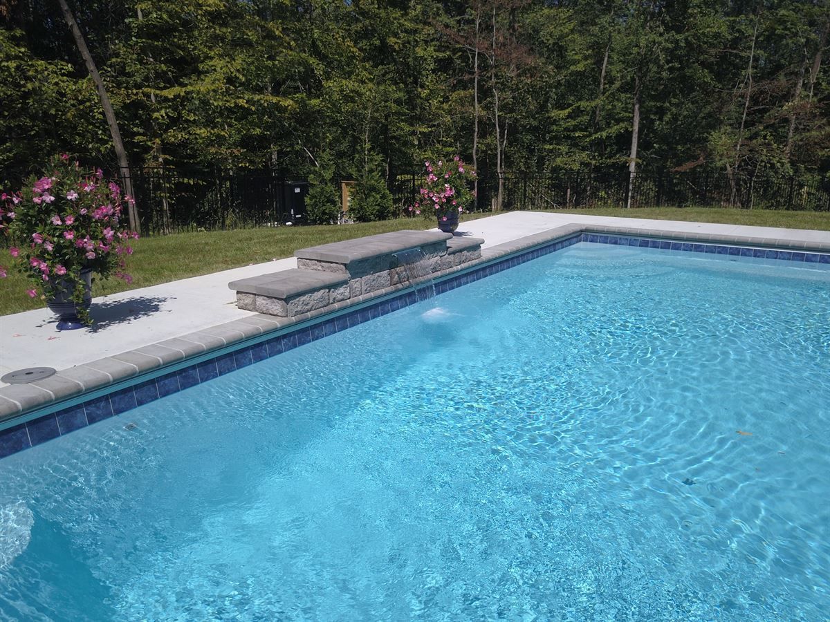 Backyard swimming pool with blue water, stone coping, lounge chairs, and trees in the background