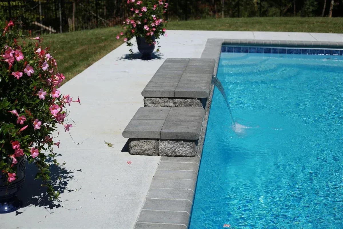 Backyard pool edge with gray steps, blue water, and pink potted flowers on the patio