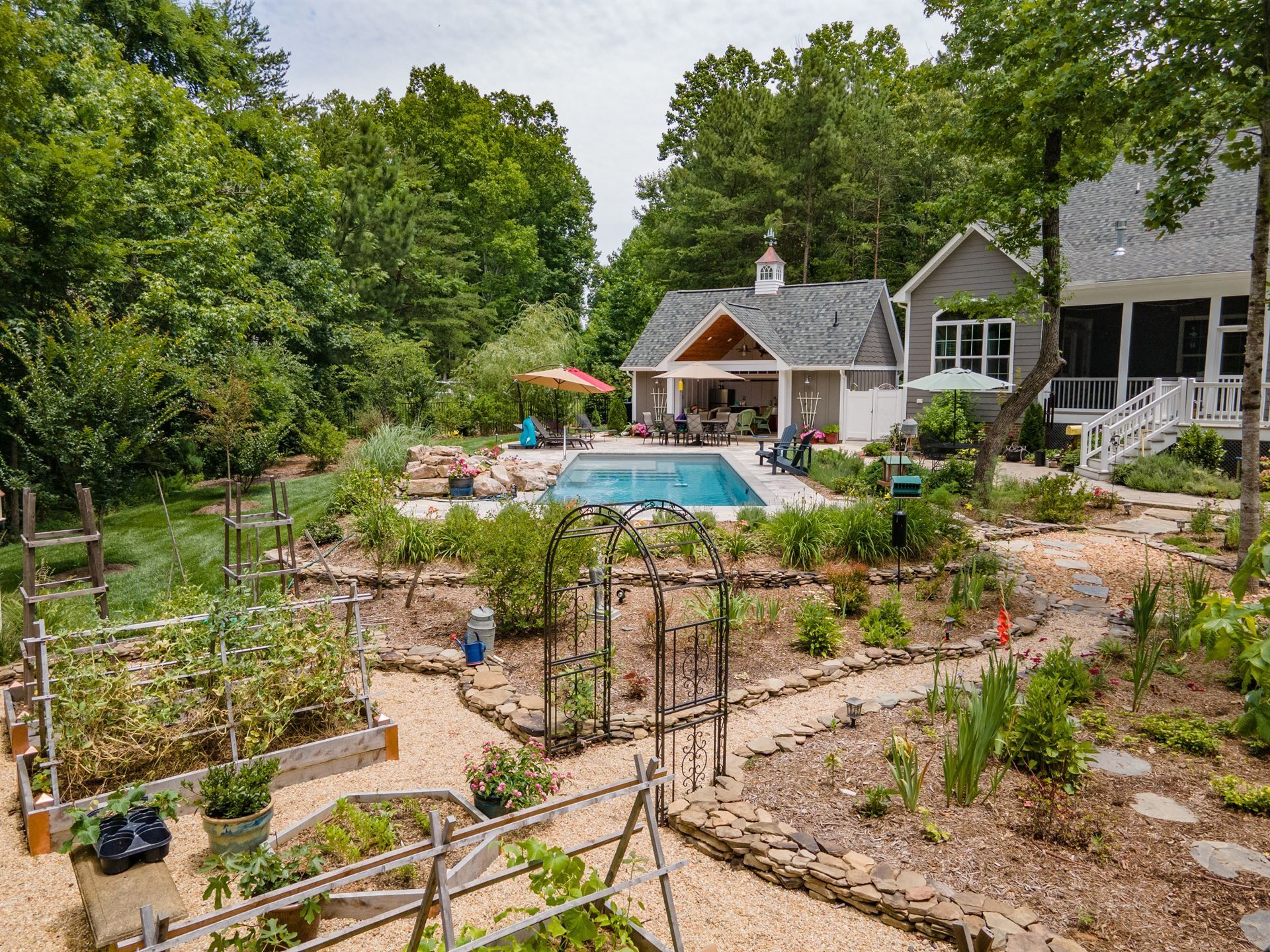 Garden with raised beds and pool beside a house, surrounded by trees and patio furniture