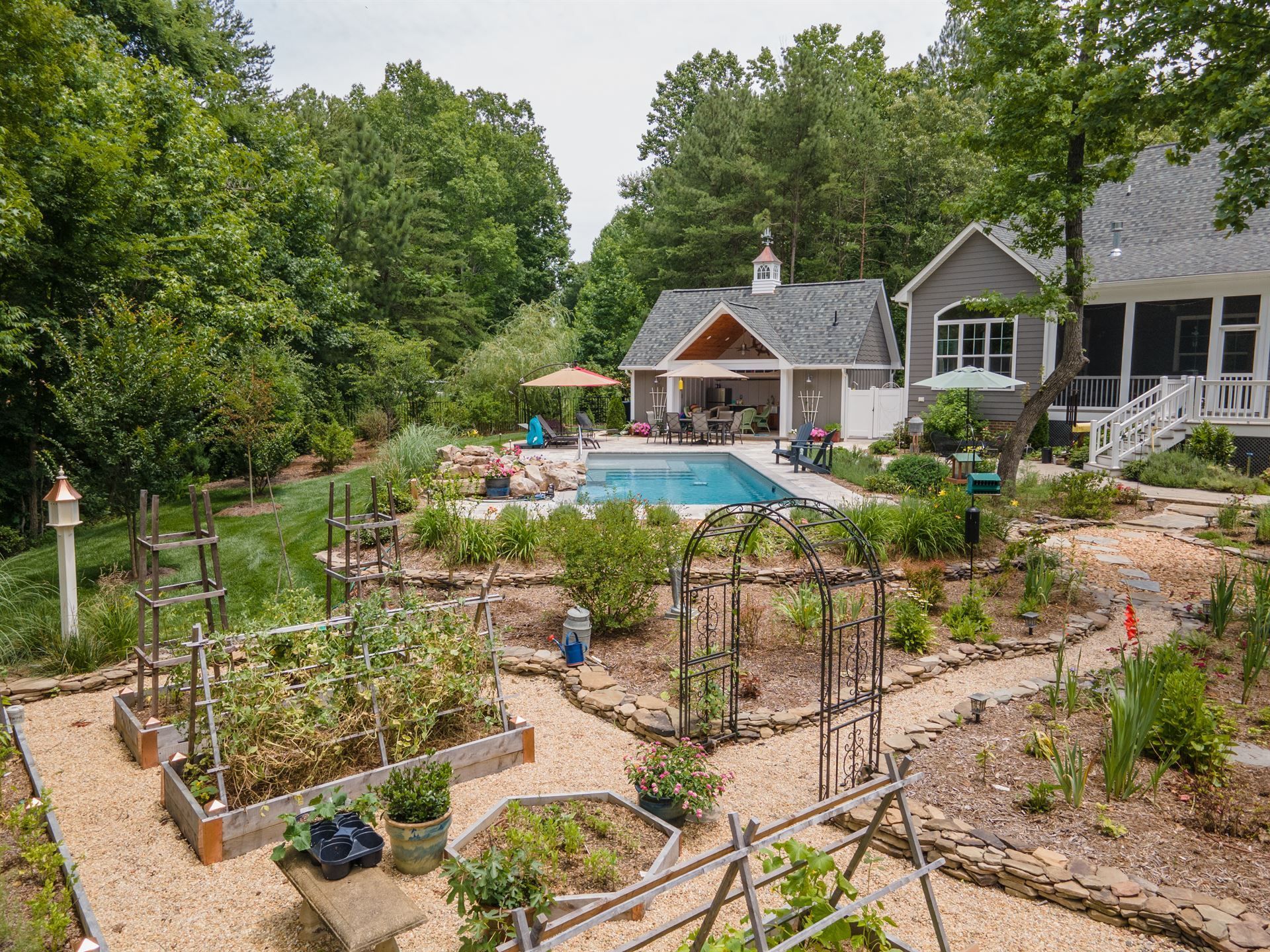 Backyard garden with raised beds, patio, swimming pool, and a house surrounded by trees