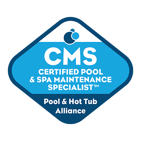 Blue CMS Certified Pool & Spa Maintenance Specialist badge logo with Pool & Hot Tub Alliance text