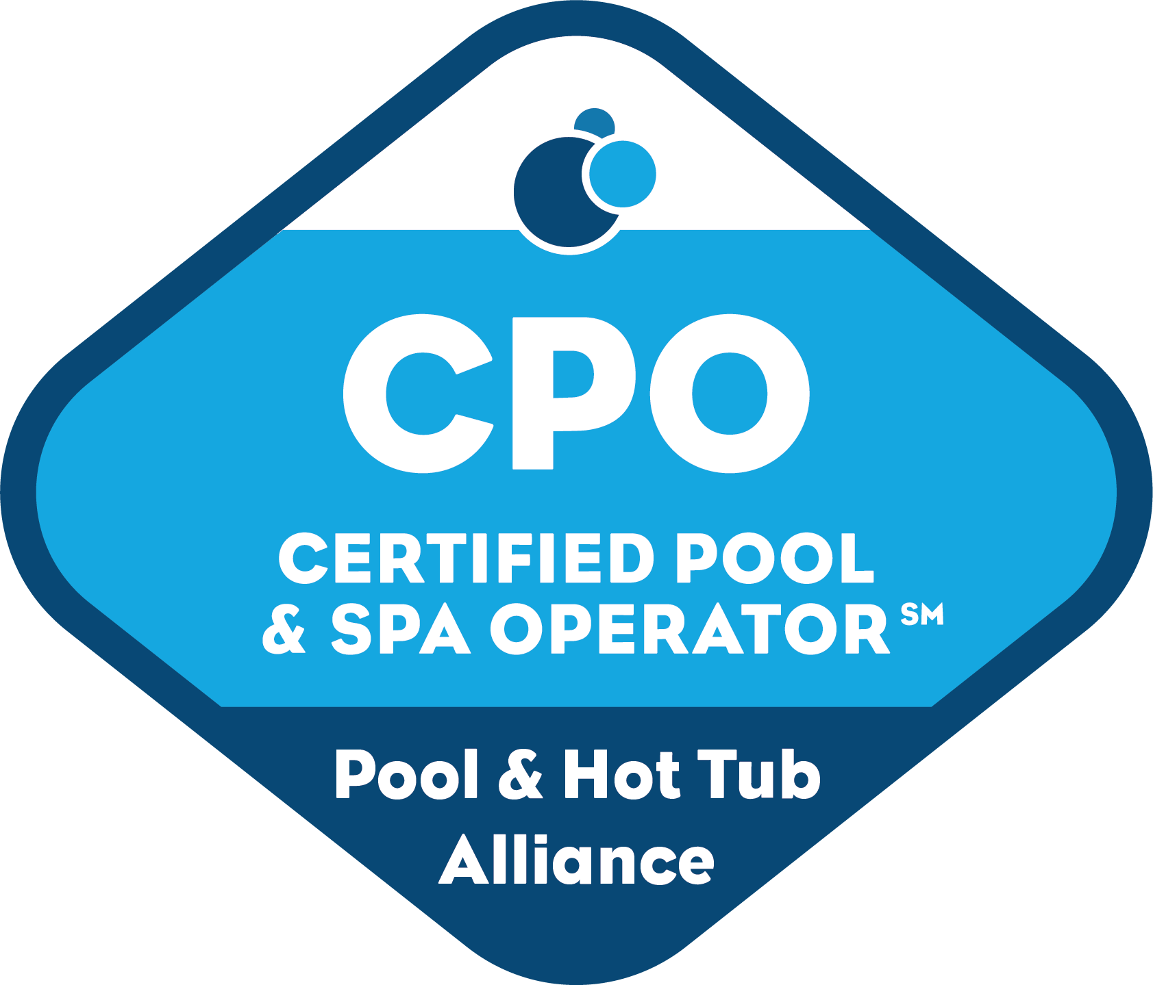 Blue diamond CPO Certified Pool & Spa Operator logo with Pool & Hot Tub Alliance text