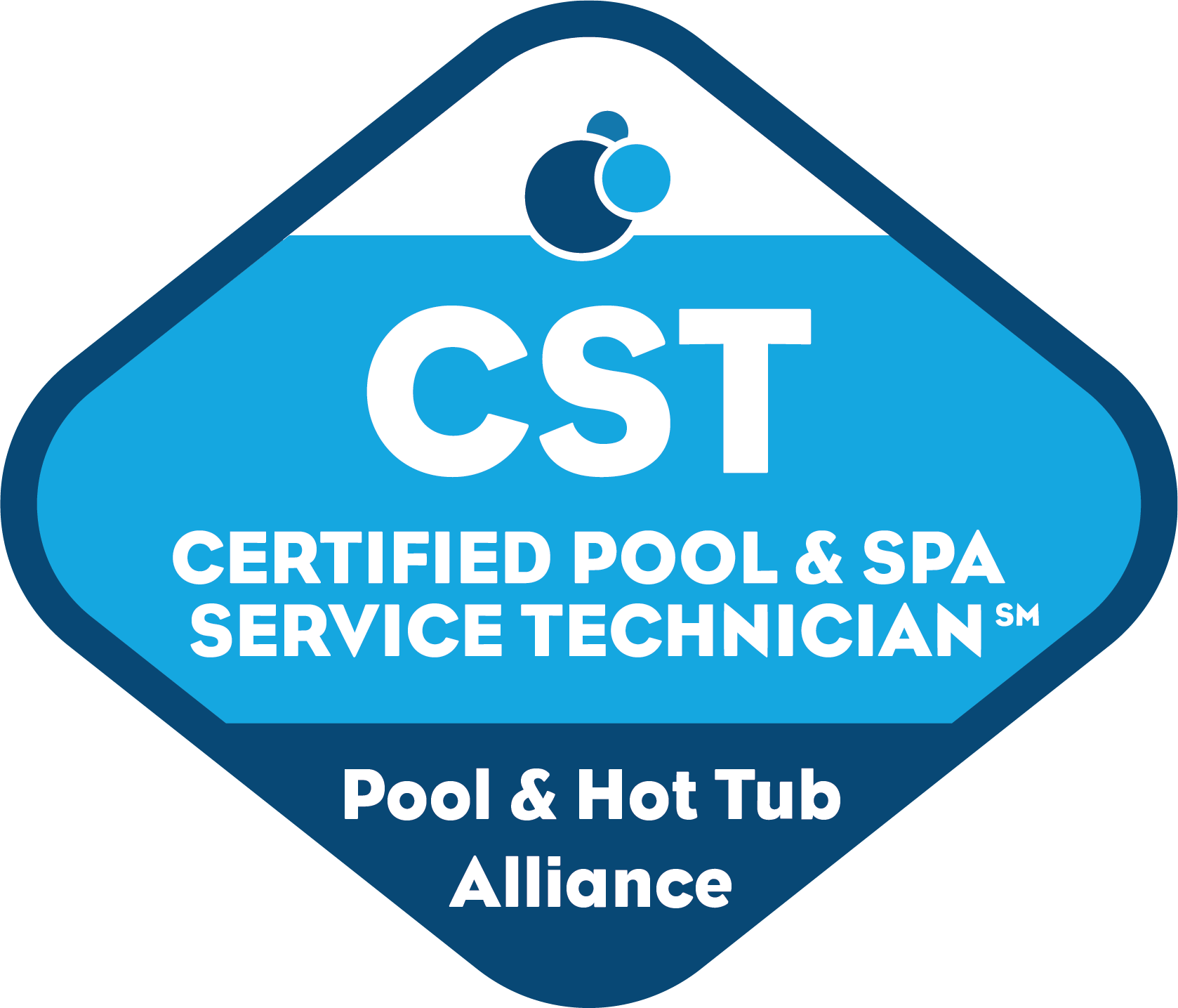 Blue diamond CST Certified Pool & Spa Service Technician logo with Pool & Hot Tub Alliance text