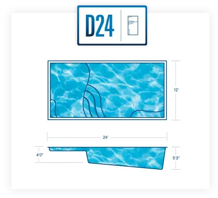 Blue swimming pool with curved steps, labeled D24, shown in front and side views.