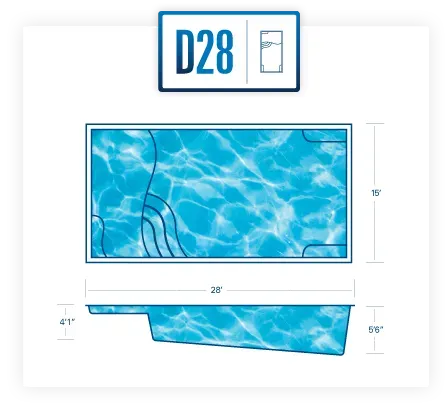 Blueprint-style pool design labeled “D28” with top and side views in blue water texture