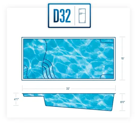 Blue rectangular pool liner illustration labeled “D32” with front and side dimensions.