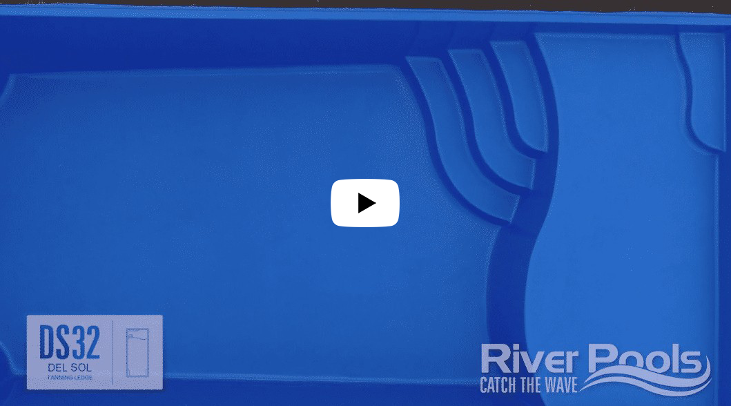 Blue River Pools screen with a centered play icon and DS32 label in the corner