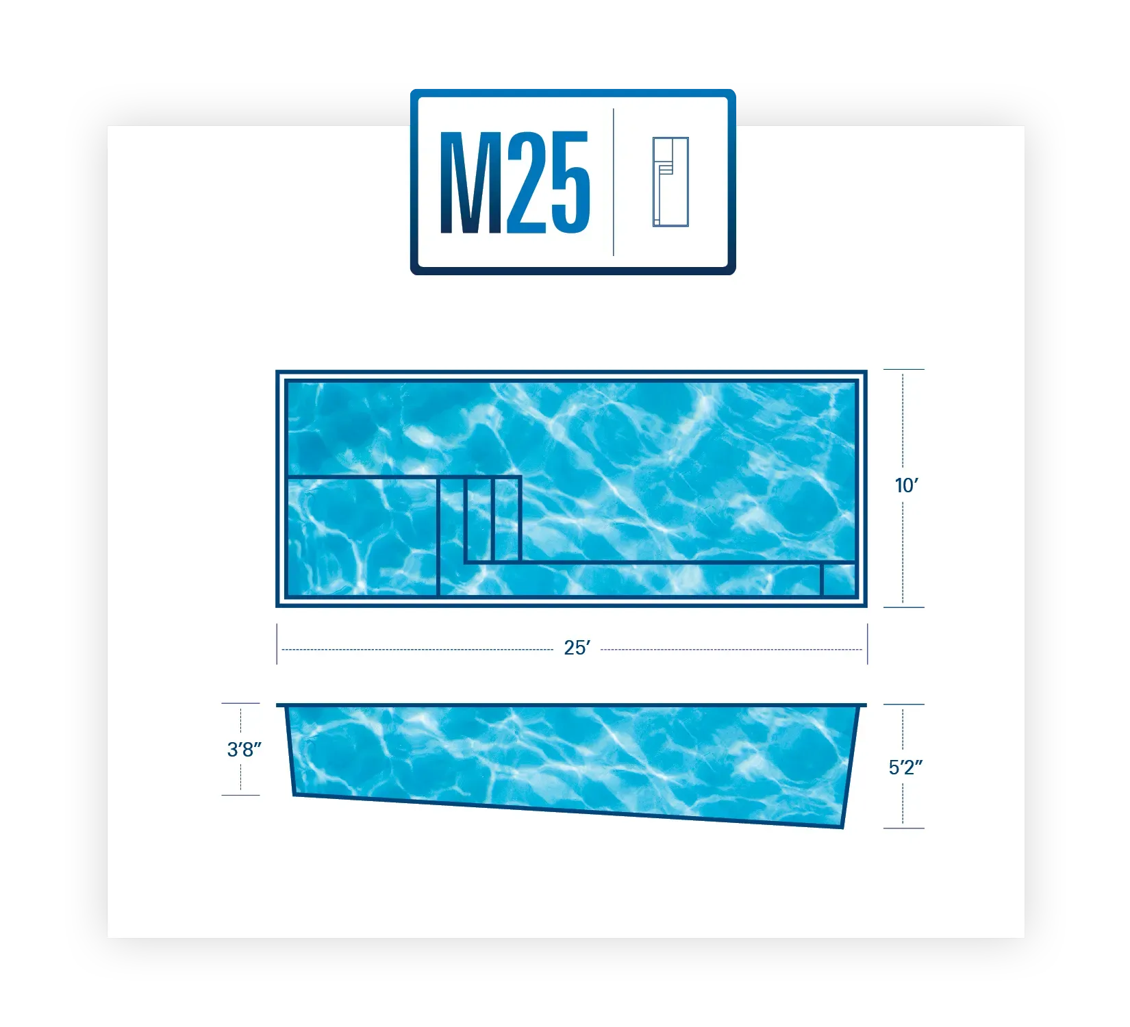 M25 blue water slide diagram with front and angled views and measurements