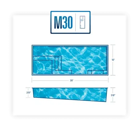 M30 labeled diagram of a blue rectangular pool liner with dimensions and side view measurements