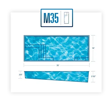 M35 blueprint showing a rectangular blue pool or spa with dimensions and top/side views