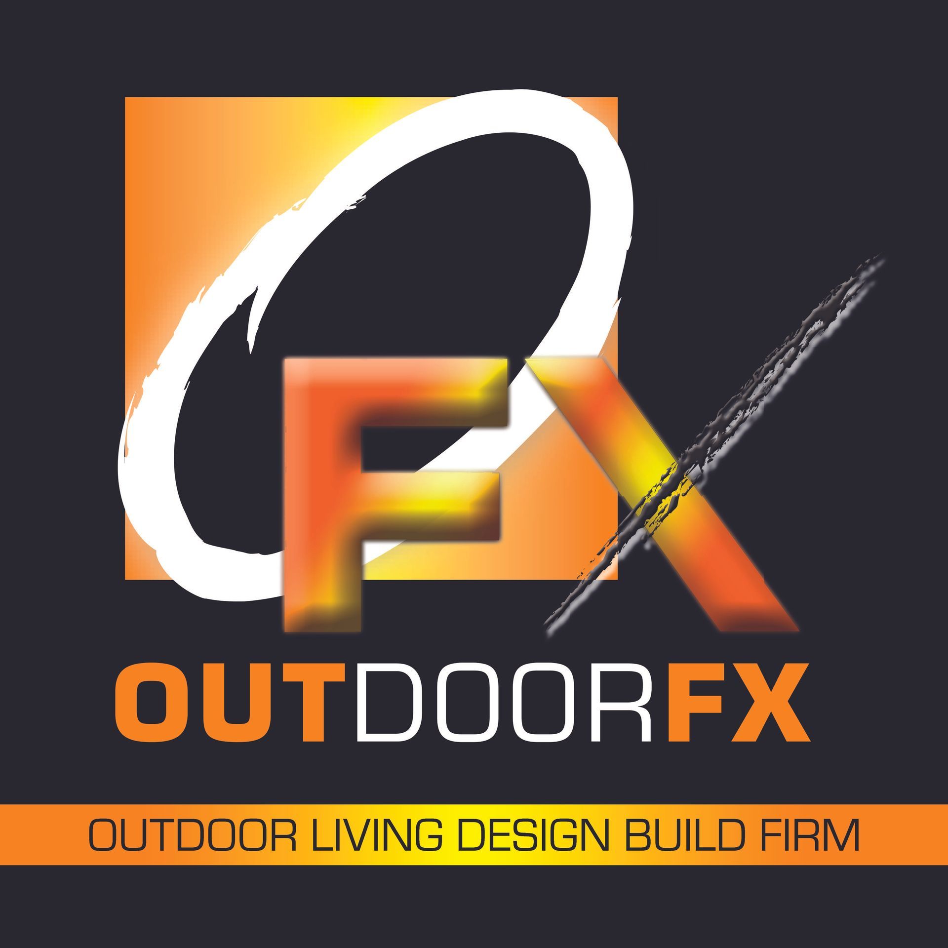 OUTDOORFX logo on dark background with orange accents and tagline “Outdoor Living Design Build Firm”